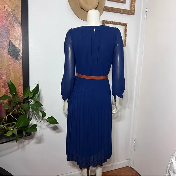 Vintage Ralph Baker Dress Navy Blue Pleated Skirt Chiffon Midi Dres Midi Size 6 - Picture 5 of 16